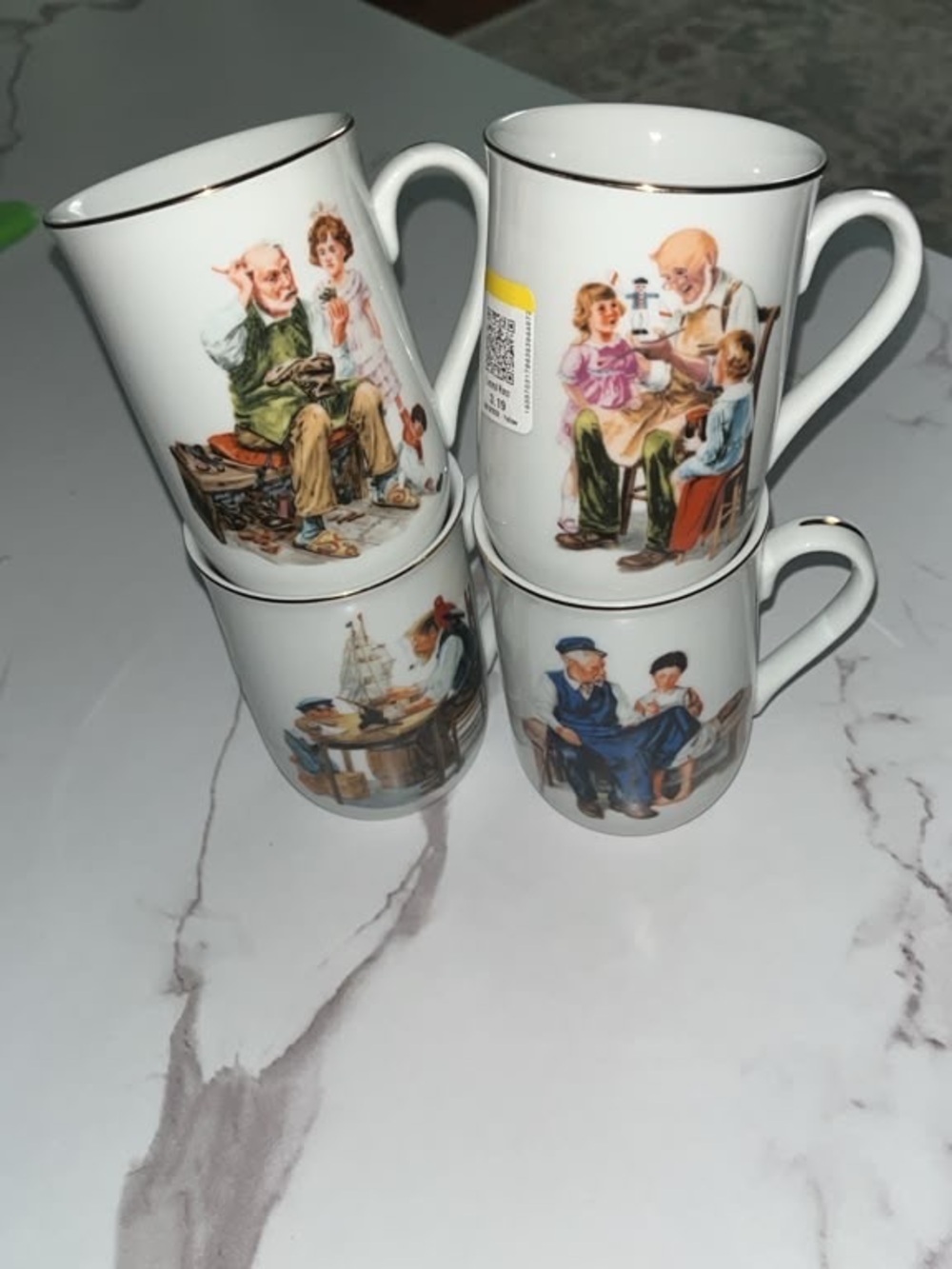 Vintage-Style White Ceramic Mugs with Storybook Illustrations - Set of 4